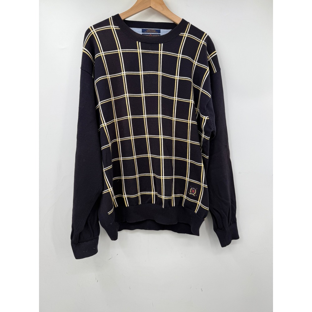 Tommy Hilfiger Golf Mens Sweater Navy Plaid Crew Neck Long Sleeve XL‎